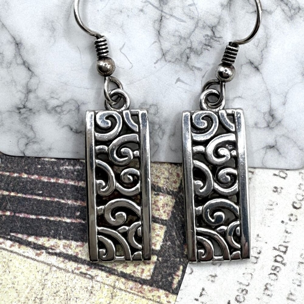 Brighton Long Deco Lace French Wire Silver Ornate Designer Pierced Earrings